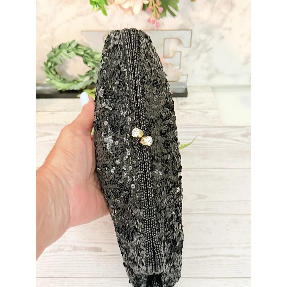 Vtg Magid Black Beaded Clutch Evening Purse Bag Made in Japan With 2 Side Mirror